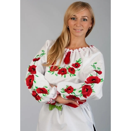 Вишиванка жіноча Мак Лора біла блузка з маками, довгий рукав, блузка