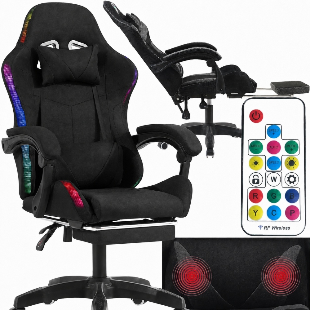 Геймерське крісло ProGame MAX з RGB LED-підсвічуванням, підставкою для ніг та подушками для голови та попереку Чорне