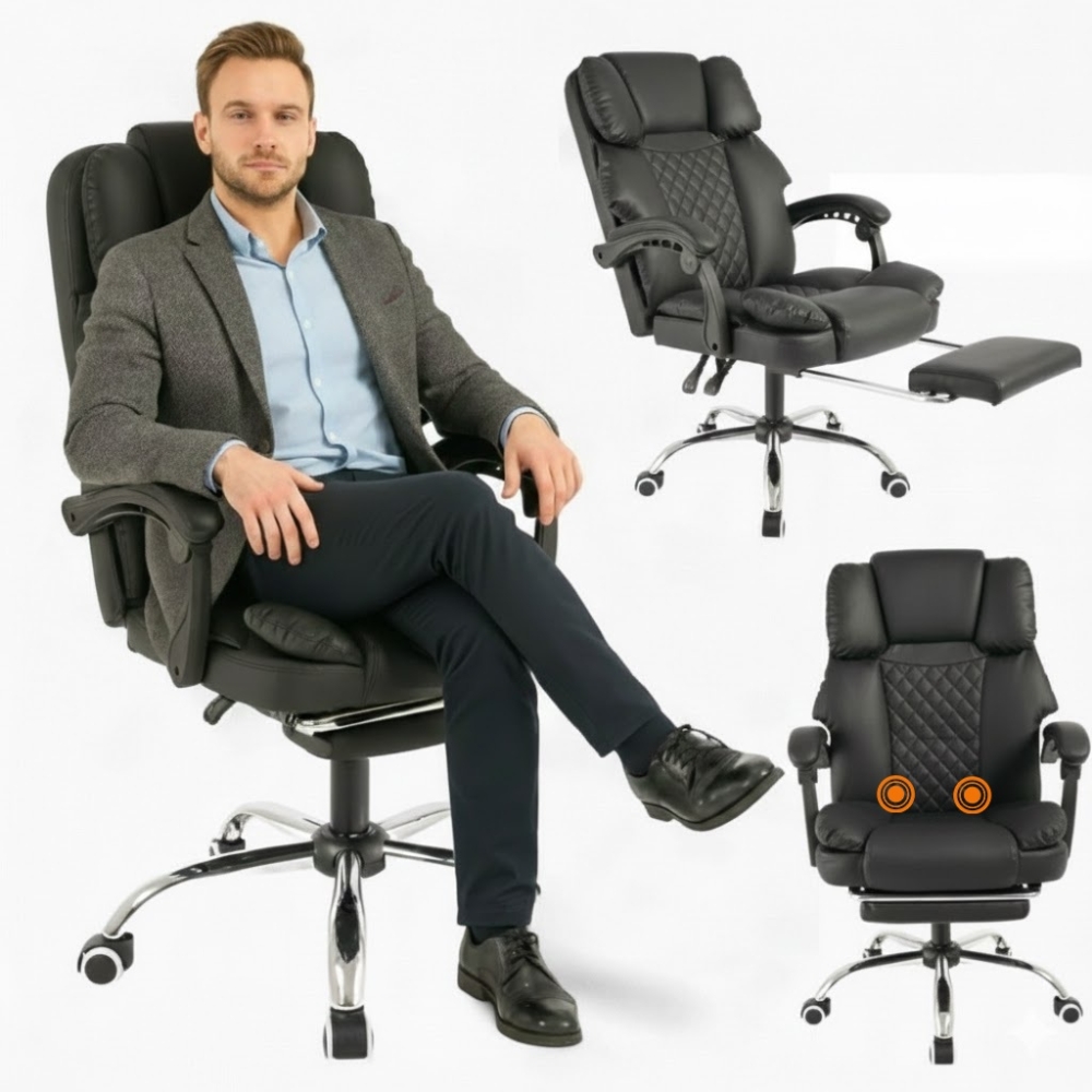 Офісне крісло до 150 кг з масажною подушкою та підставкою для ніг Axeon Master VIP Original Чорне