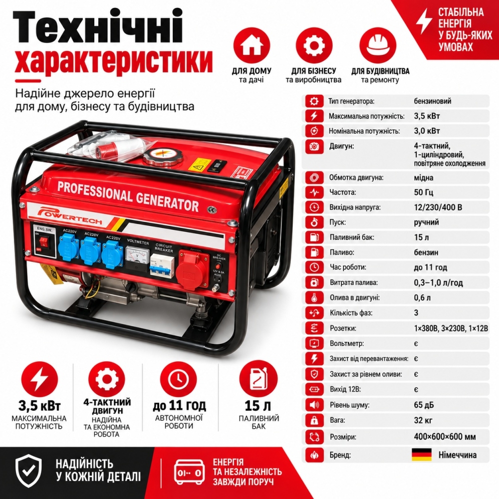 Генератор Powertech 3,5 кВт 3-фазний бензиновий