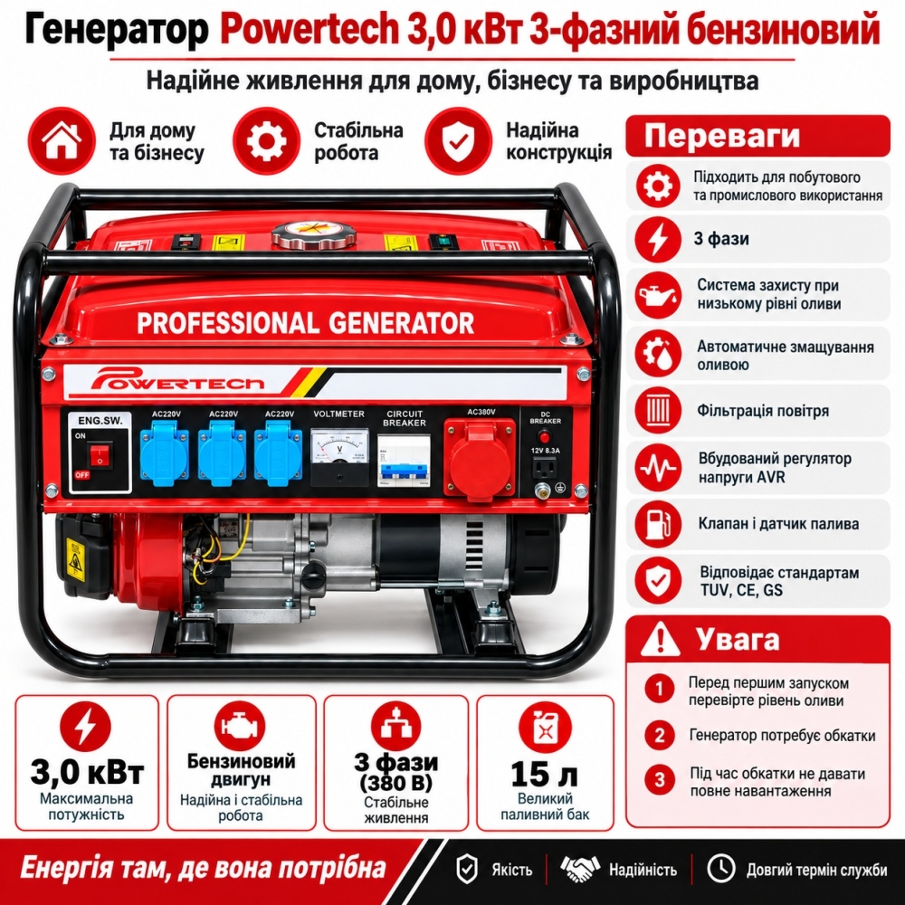 Генератор Powertech 3,0 кВт 3-фазний бензиновий