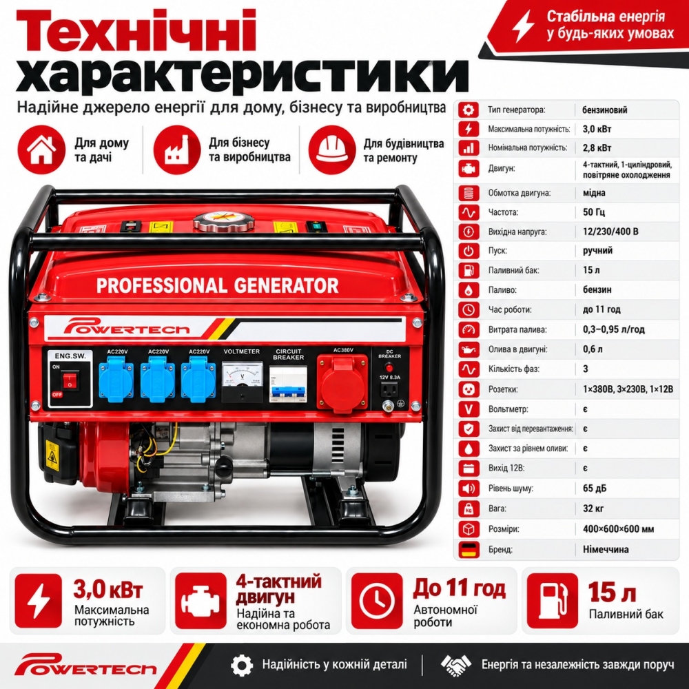 Генератор Powertech 3,0 кВт 3-фазний бензиновий