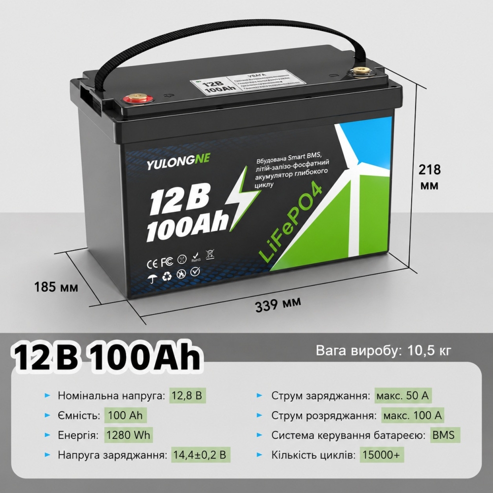 LiFePO4 12V 100Ah Акумулятор Yulongne 1280Wh, 100A, BMS