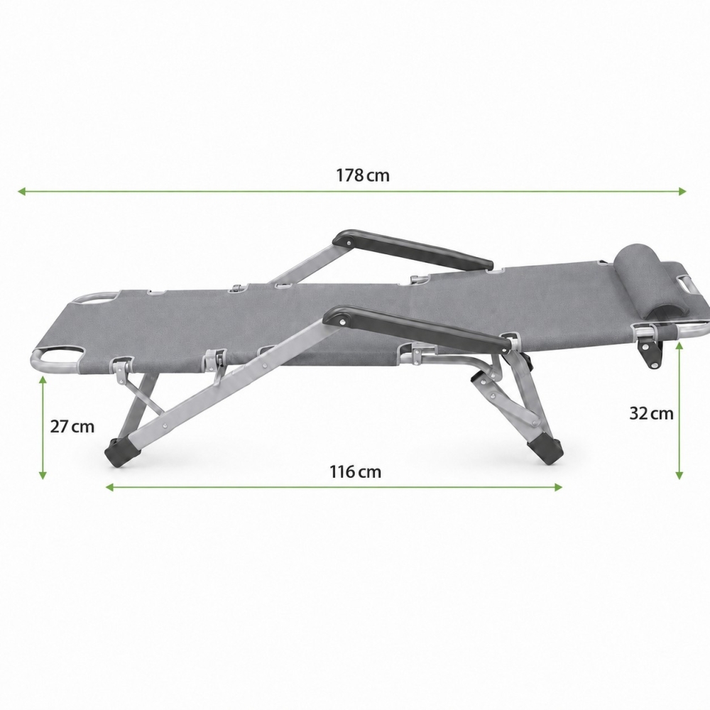 Садове пляжне крісло Ideal Garden Premium з матрацом та подушкою, до 125 кг, сірий, шезлонг для саду та тераси