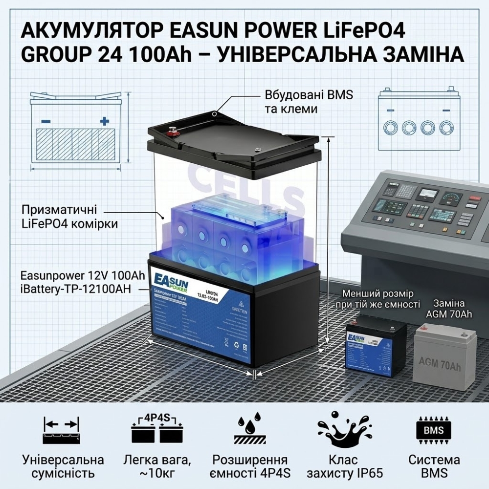 LiFePO4 12V/100Ah акумулятор Easun Power 1,2 кВт для систем резервного живлення