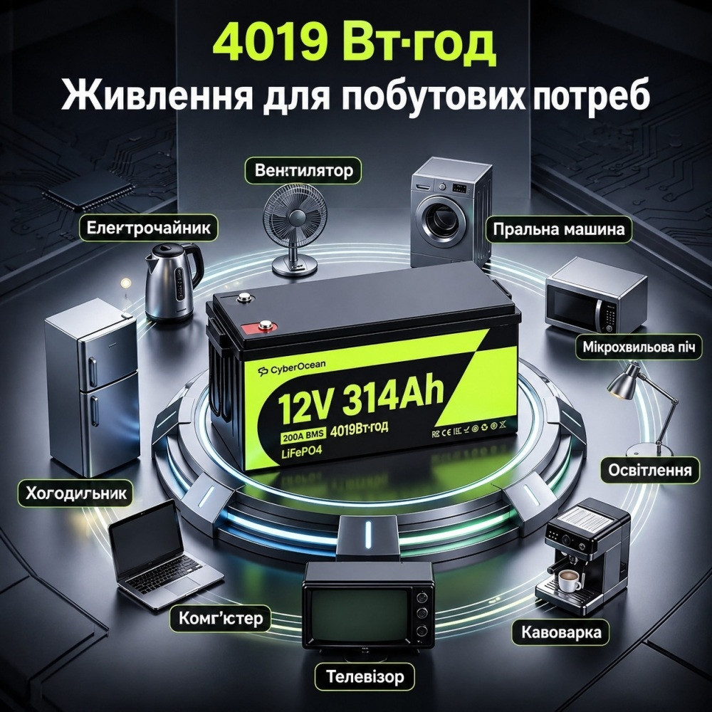 4 кВт LiFePO4 Комплект резервного живлення інвертор Datouboss 1.8 кВт + 12V/314Ah акумулятор CyperOcean