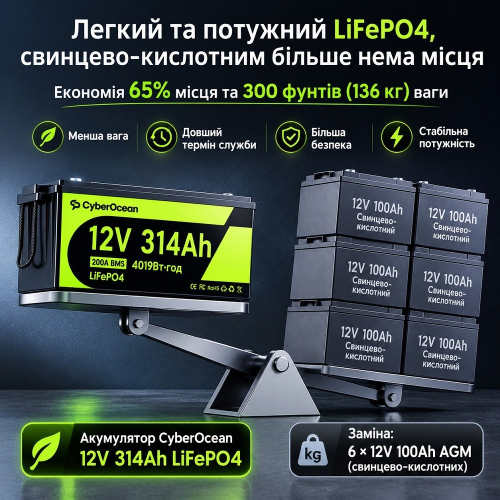 4 кВт LiFePO4 Комплект резервного живлення інвертор Datouboss 1.8 кВт + 12V/314Ah акумулятор CyperOcean