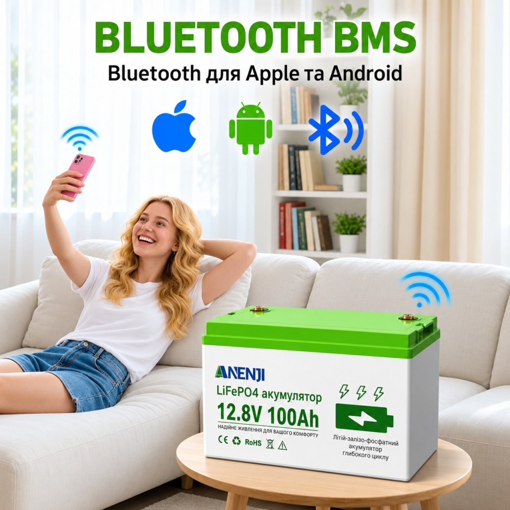 LiFePO4 12V/100Ah Акумулятор Anenji з Bluetooth для резервного живлення будинку, квартири з BMS