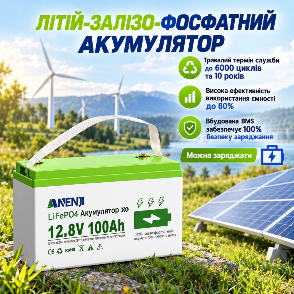 LiFePO4 12V/100Ah Акумулятор Anenji з Bluetooth для резервного живлення будинку, квартири з BMS