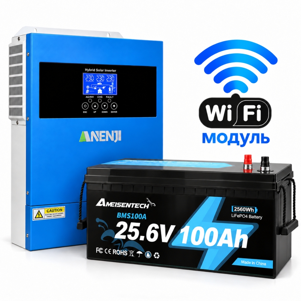 4.2 кВт LiFePO4 Комплект резервного живлення Інвертор Anenji WiFi 24 В + акумулятора 25.6V 100Ah Ameisentech