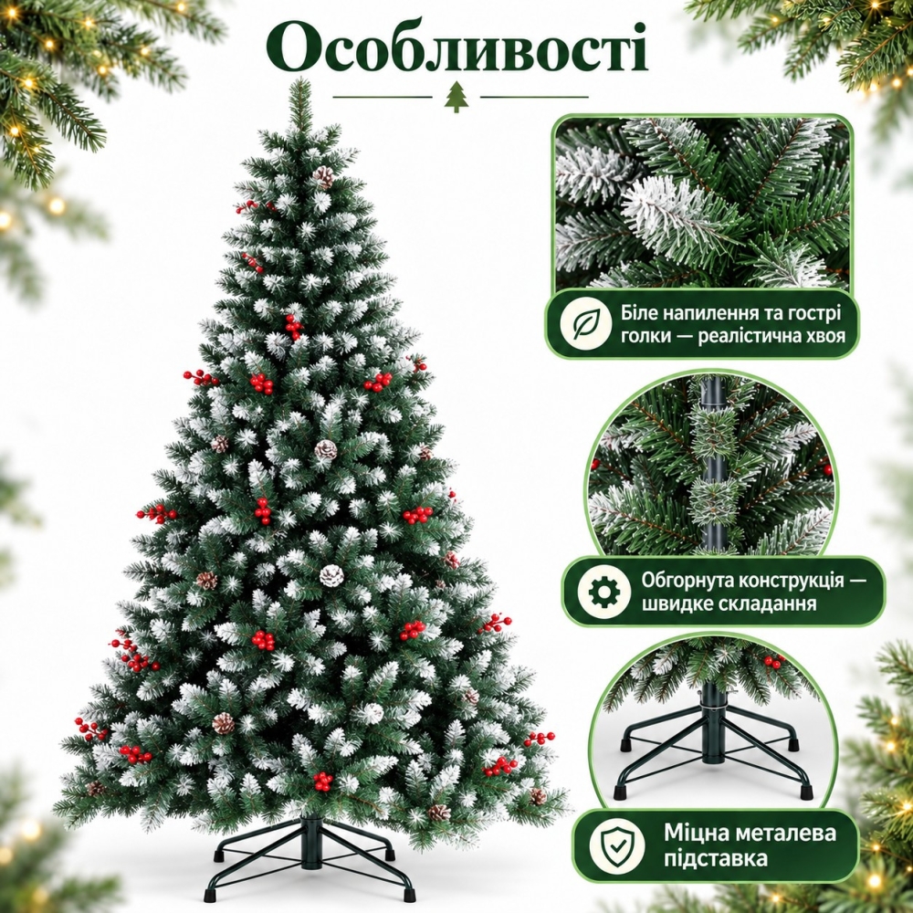 Штучна засніжена ялинка, 180 см із шишками та червоними ягодами, з PVC-хвої, (ПВХ, полівінілхлориду) MT-2622