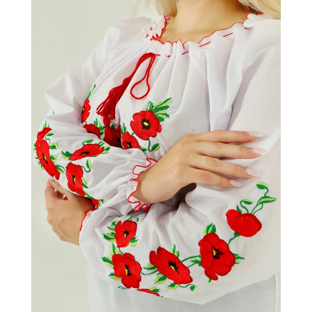 Вишиванка жіноча з маками Мак Лариса, класична біла блузка з маками, вишиванка з довгим рукавом
