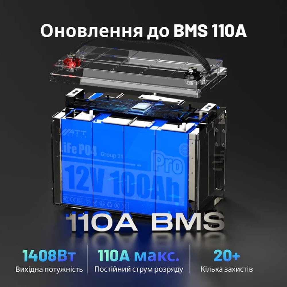 LiFePO4 12V/100Ah Акумулятор WattCycle Pro з BMS для резервного живлення