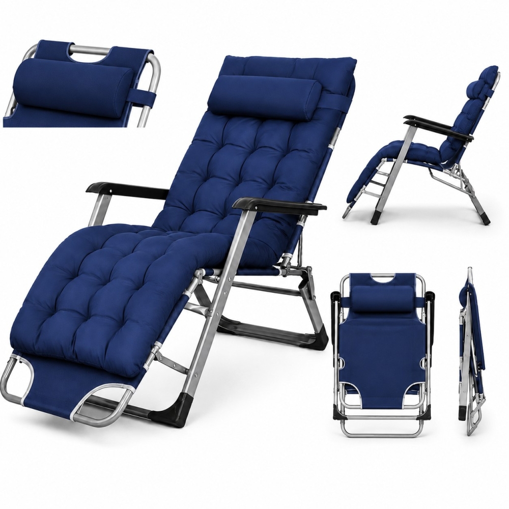 Садове пляжне крісло Ideal Garden Premium з матрацом та подушкою, до 125 кг, синє, шезлонг для саду та тераси
