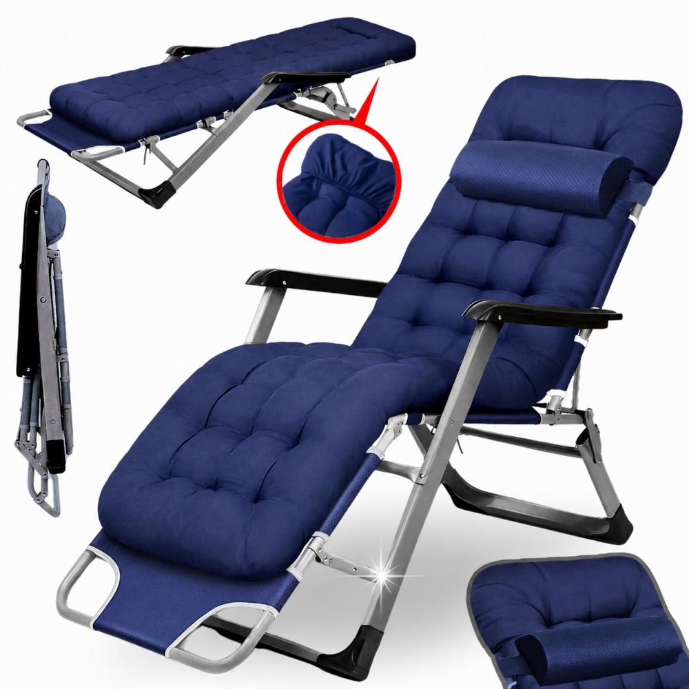 Садове пляжне крісло Ideal Garden Premium з матрацом та подушкою, до 125 кг, синє, шезлонг для саду та тераси