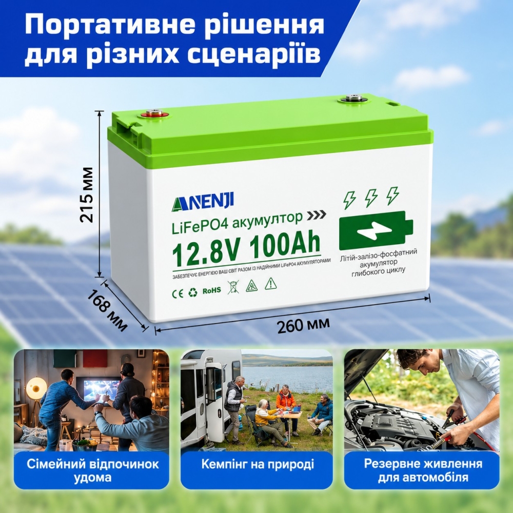 4,2 кВт LiFePO4 Комплект резервного живлення Інвертор Anenji WiFi + 2 акумулятора 12V 100Ah Bluetooth для квартири, будинку