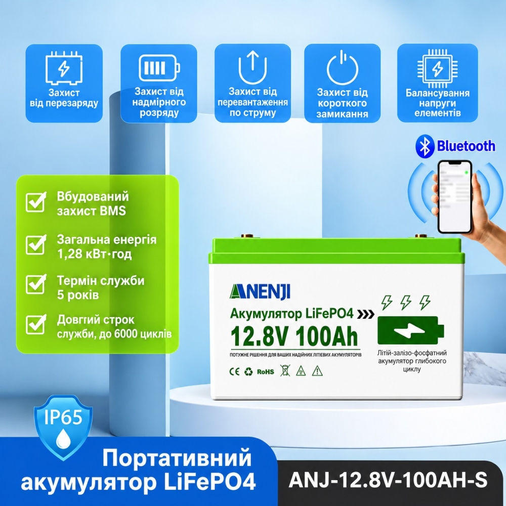 4,2 кВт LiFePO4 Комплект резервного живлення Інвертор Anenji WiFi + 2 акумулятора 12V 100Ah Bluetooth для квартири, будинку