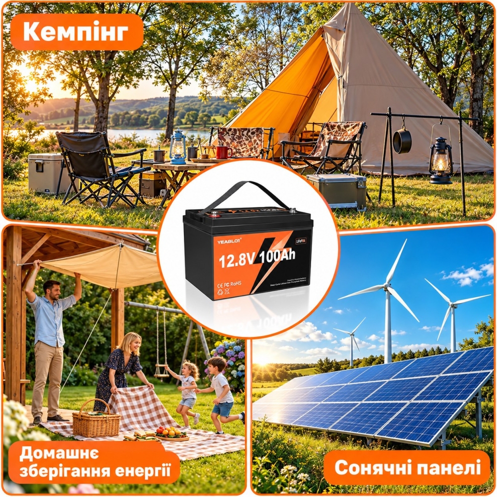 LiFePO4 12V/100Ah Акумулятор Yeagulch для резервного живлення будинку, квартири, Вбудована BMS 100 А