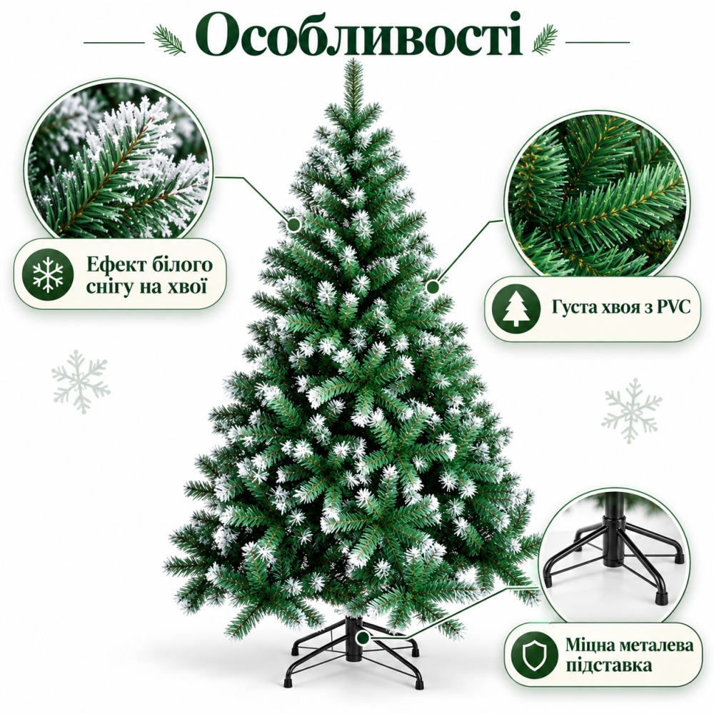 Штучна ялинка 180 см PVC засніжена з металевою підставкою, густа хвоя з ефектом снігу