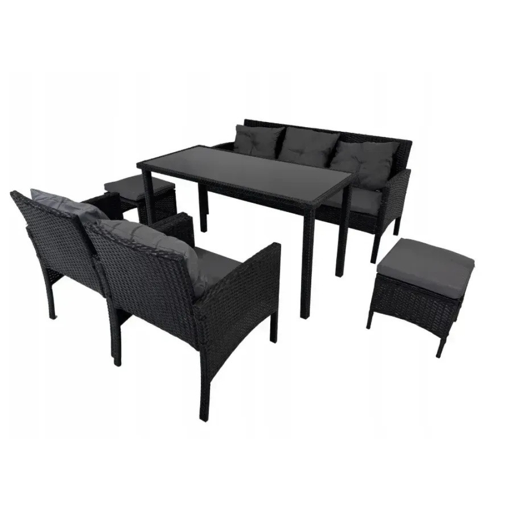 Комплект садових меблів із техноротангу, 6 предметів Kontrasto Capri Pro 414145, чорний із сірими подушками, для тераси, саду