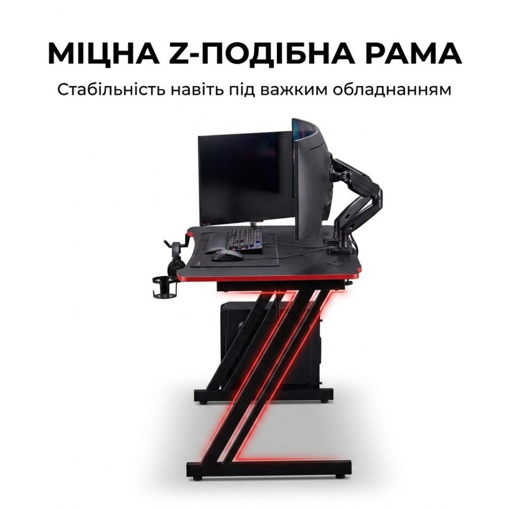 Оригінальний геймерський ігровий стіл ThroneX з карбоновим покриттям, гачком для навушників, Чорний з червоним Посилений