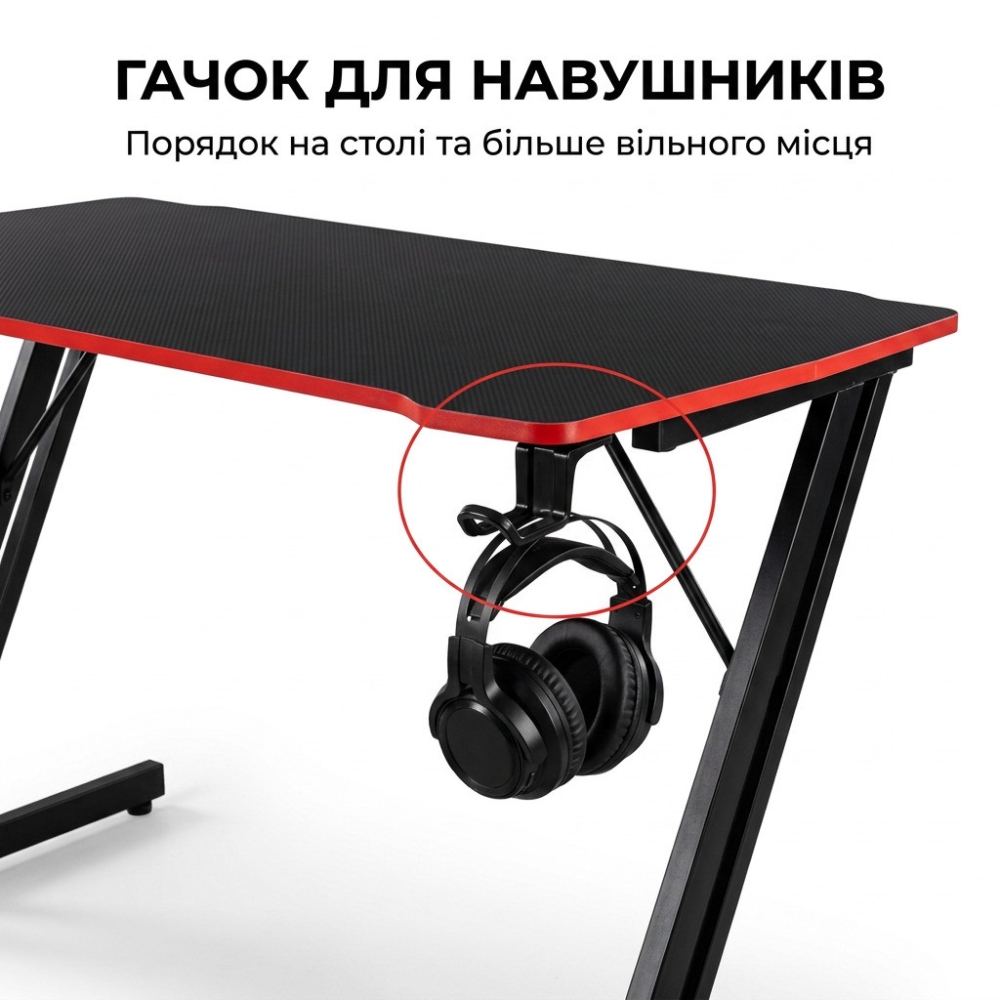 Оригінальний геймерський ігровий стіл ThroneX з карбоновим покриттям, гачком для навушників, Чорний з червоним Посилений
