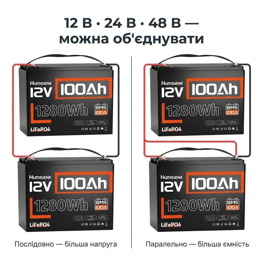 3.3 кВт LiFePO4 Комплект резервного живлення Інвертор Datouboss 24 В + 2 акумулятора 12V/100Ah Humsienk