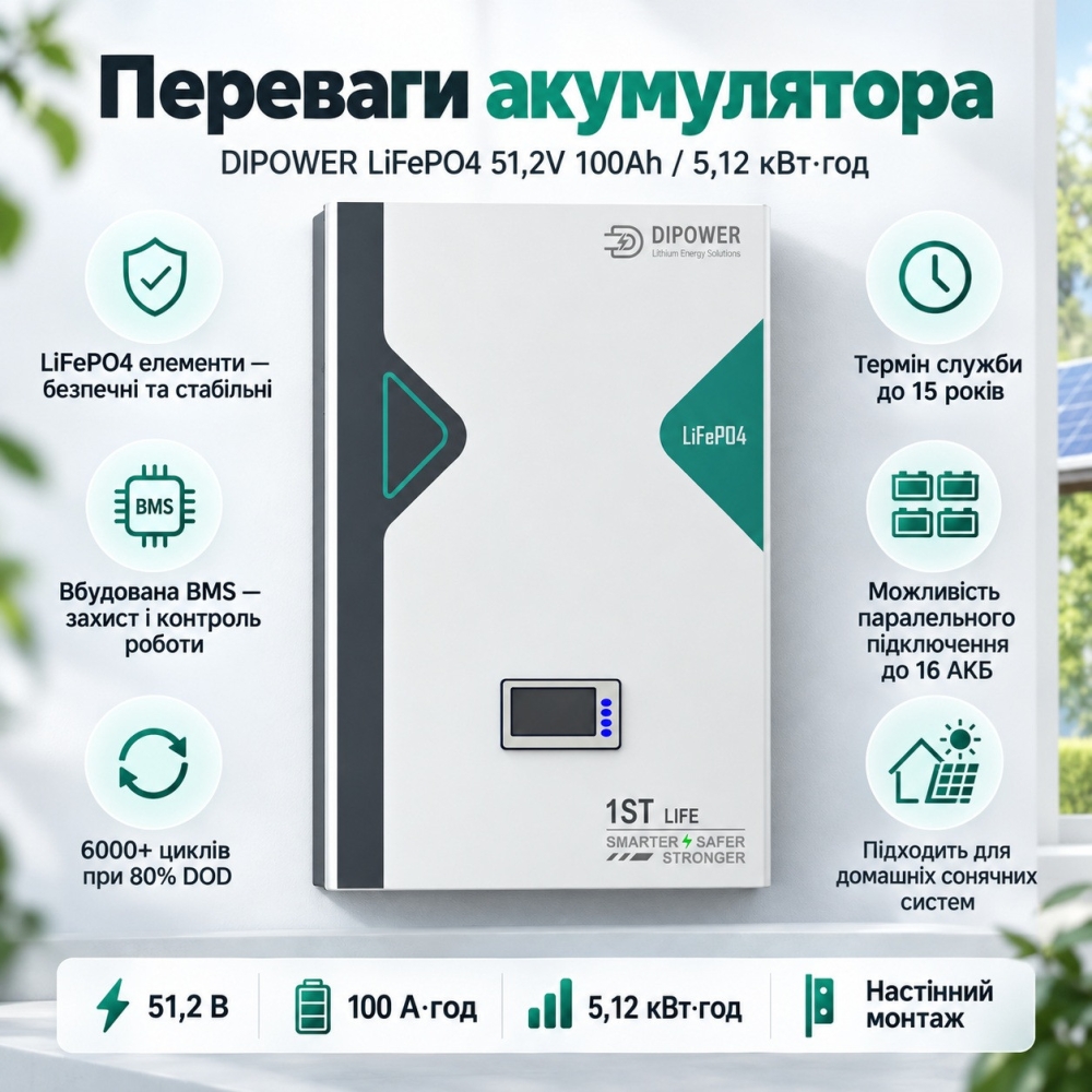 11 кВт LiFePO4 Комплект резервного живлення з Wi-Fi інвертор Anenji 11 кВт + 2 акумулятора 51,2V/100Ah Dipower для квартири, офісу