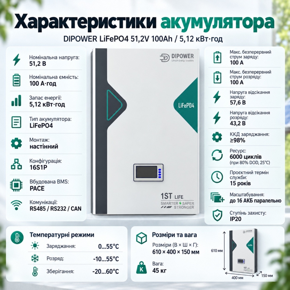 11 кВт LiFePO4 Комплект резервного живлення з Wi-Fi інвертор Anenji 11 кВт + 2 акумулятора 51,2V/100Ah Dipower для квартири, офісу