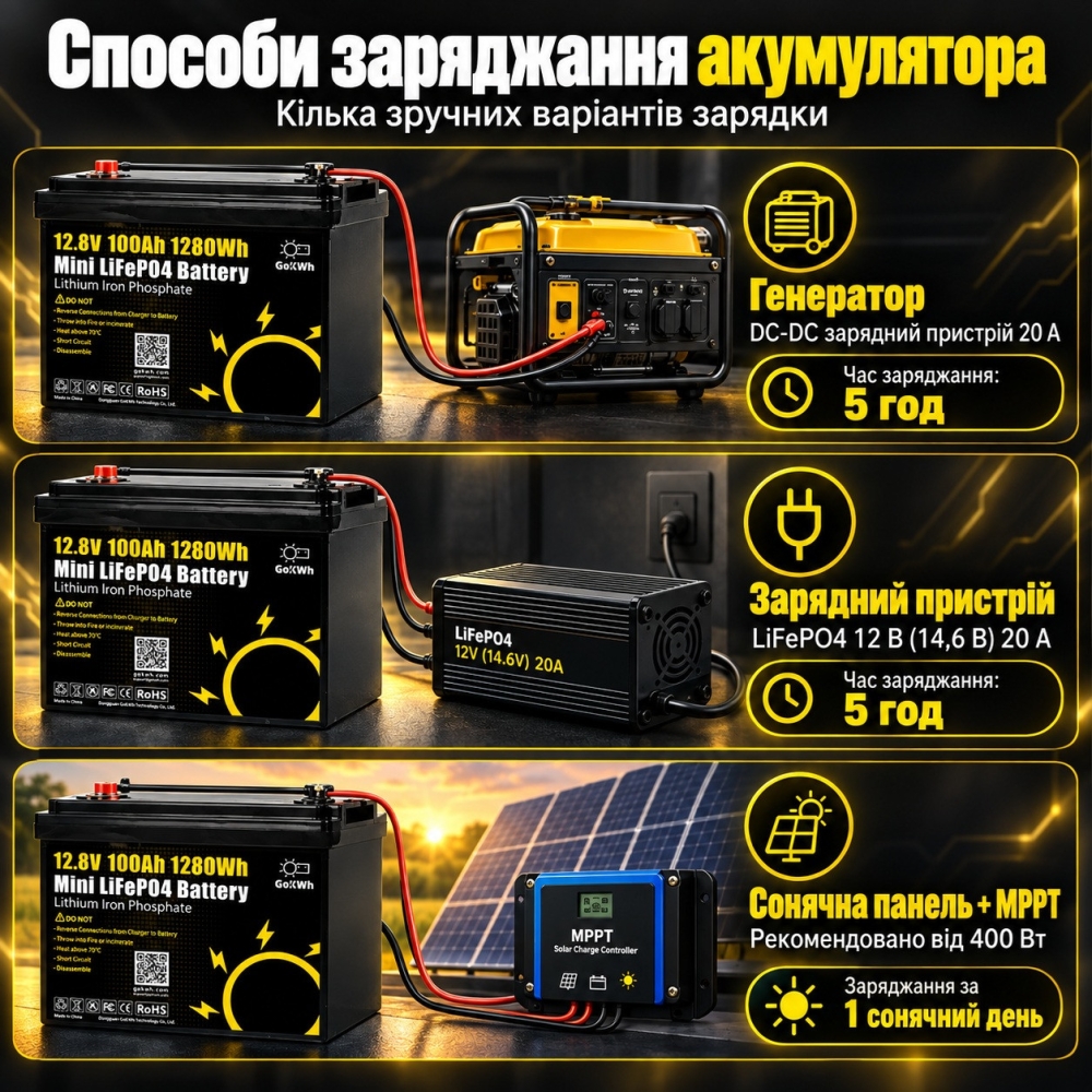LiFePO4 12V/100Ah Акумулятор GoKWh Mini для резервного живлення будинку, квартири з BMS