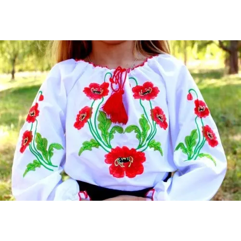 Вишита блузка з маками в українському стилі Марічка, біла, бавовна, довгий рукав, на дівчинку 4,5,6,7,8,9 років