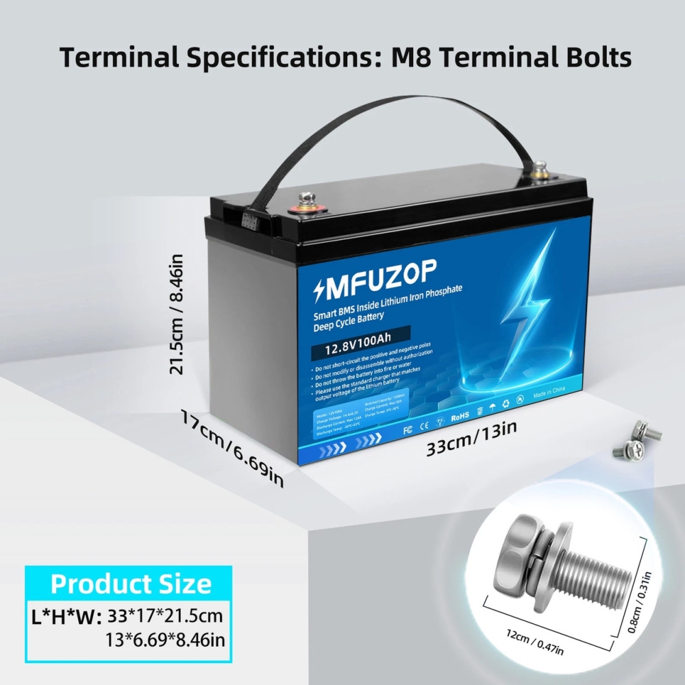 LiFePO4 12V 100Ah Акумулятор MFUZOP 1280Wh, 100A, BMS