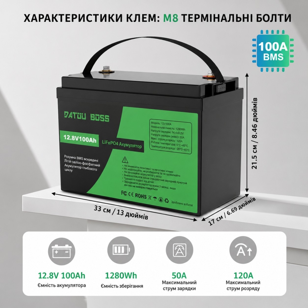 3,8 кВт LiFePO4 Комплект резервного живлення інвертор Daxtromn + 2 акумулятора Datouboss 12V 100Ah, BMS, 1280Wh для квартири