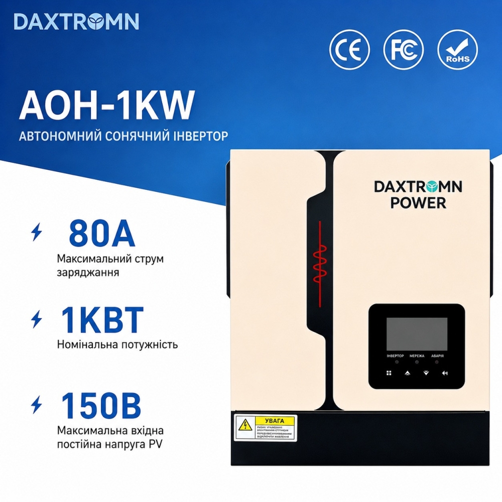 1,28 кВт LiFePO4 Комплект резервного живлення Інвертор Daxtromn AOH-1KW + акумулятор 12V 100Ah Datouboss