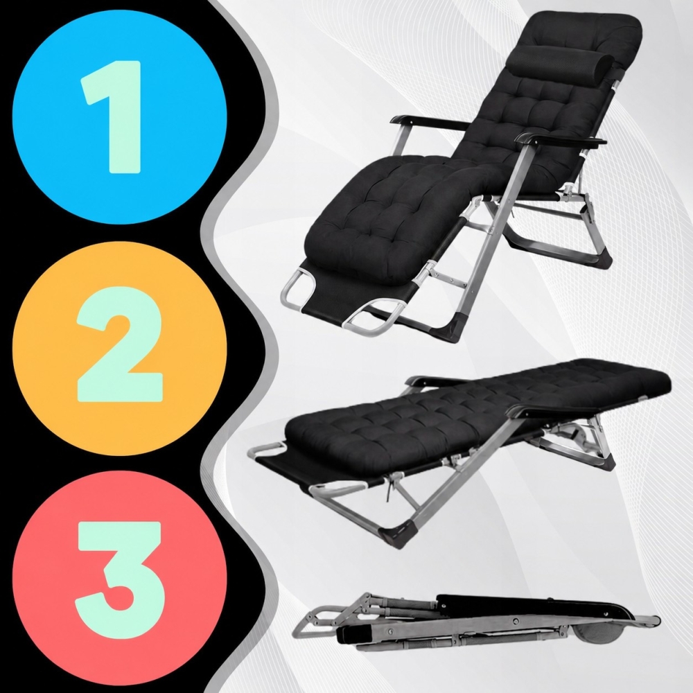 Комплект садових пляжних крісел Ideal Garden Premium з матрацом та подушкою, до 125 кг, чорний, шезлонг для саду та тераси, 2 шт