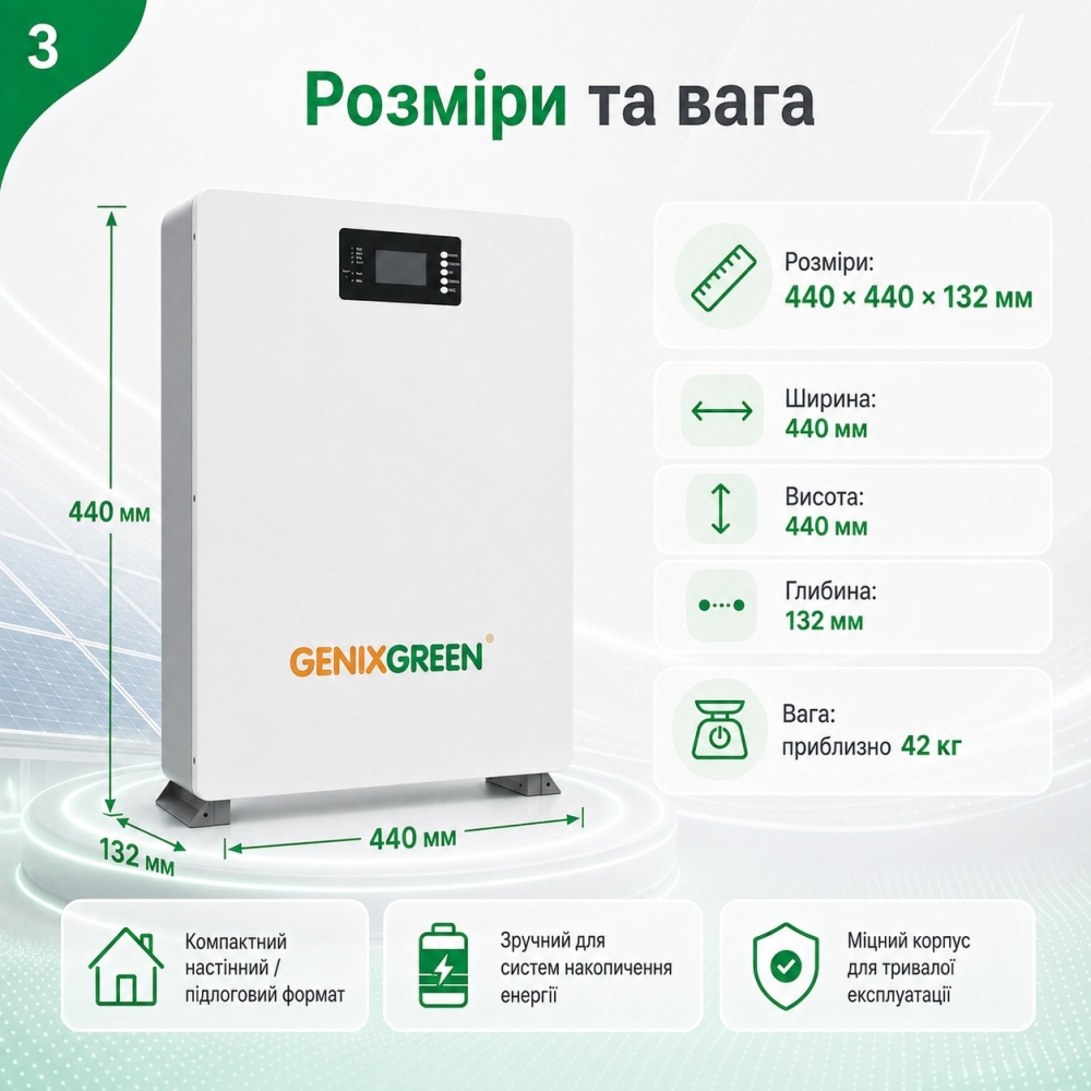 LiFePO4 51,2V/100Ah Акумулятор Genix Green з Smart BMS 5,12 кВт*год для систем резервного живлення