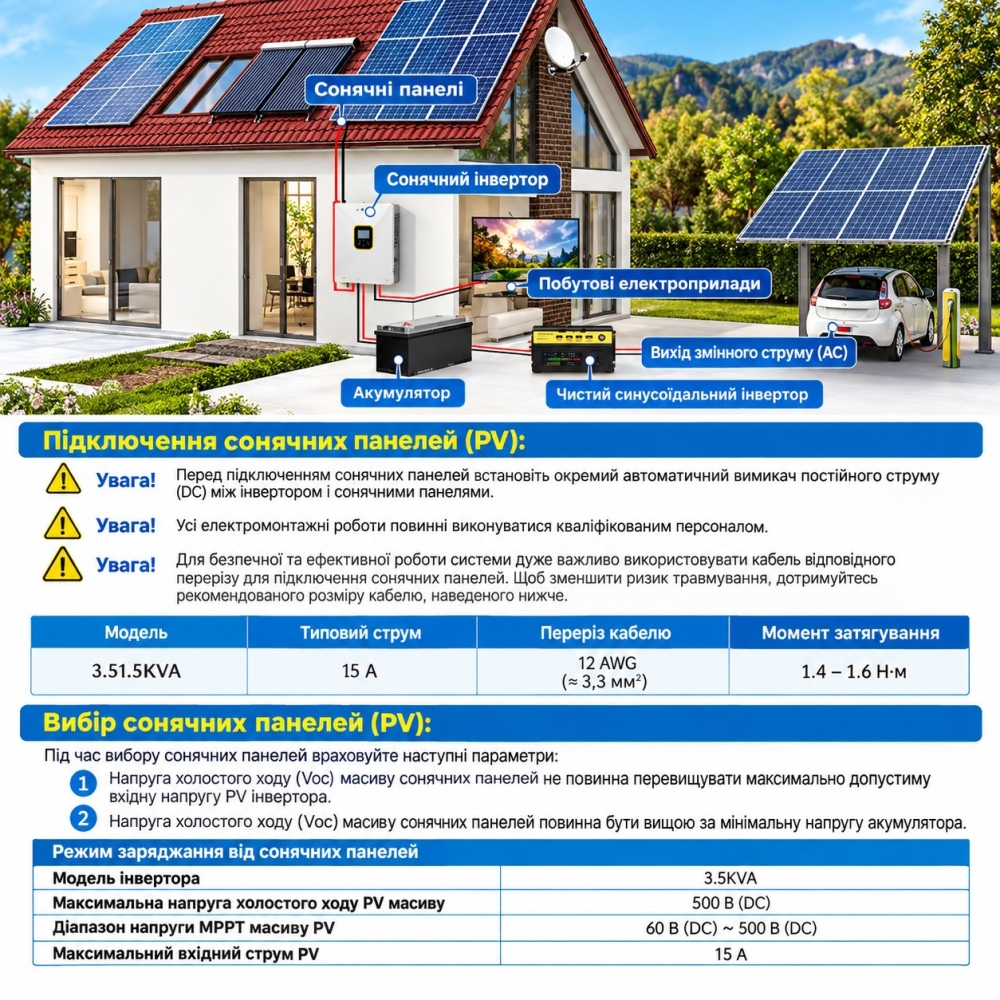 3,5 кВт Гібридний сонячний інвертор Daxtromn Power 24V, MPPT 100A, PV до 500V DC для дому, квартири