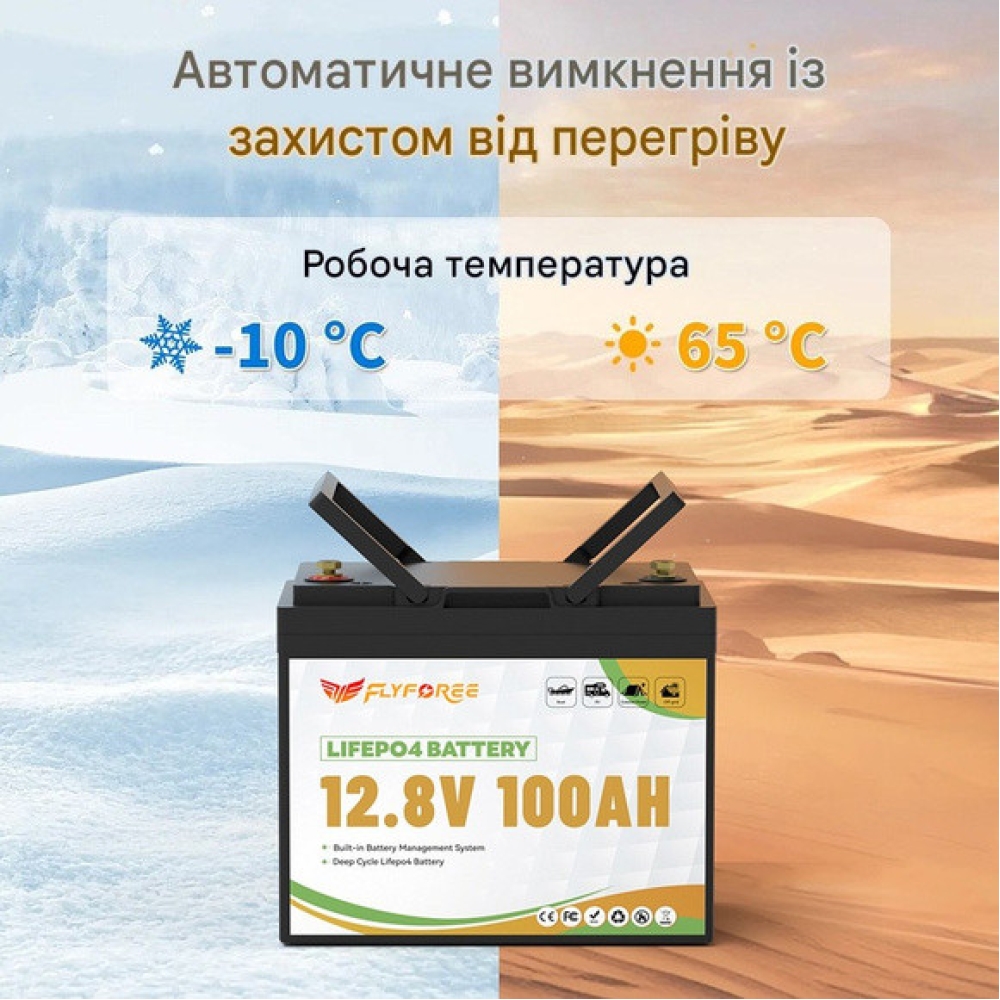 LiFePO4 12V/100Ah Акумулятор FLYFOREE для резервного живлення будинку, квартири, Вбудована BMS, Bluetooth APP