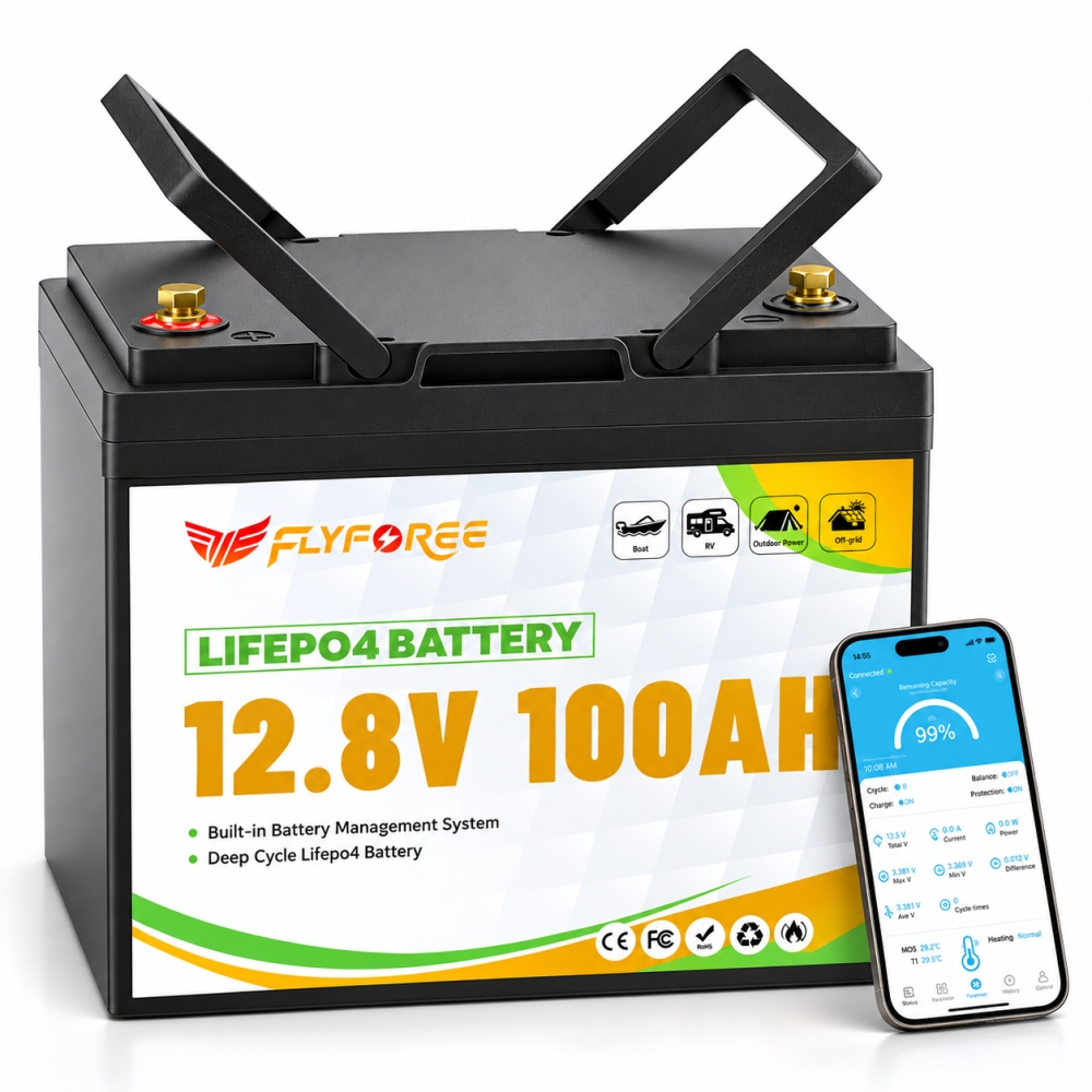 LiFePO4 12V/100Ah Акумулятор FLYFOREE для резервного живлення будинку, квартири, Вбудована BMS, Bluetooth APP