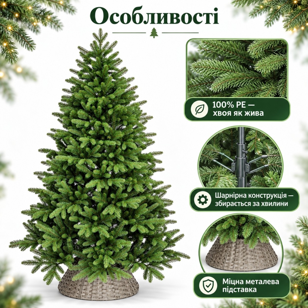 Штучна ялинка 180 см, повністю лита хвоя зі 100% PE (поліетилену), Новорічна, Різдвяна