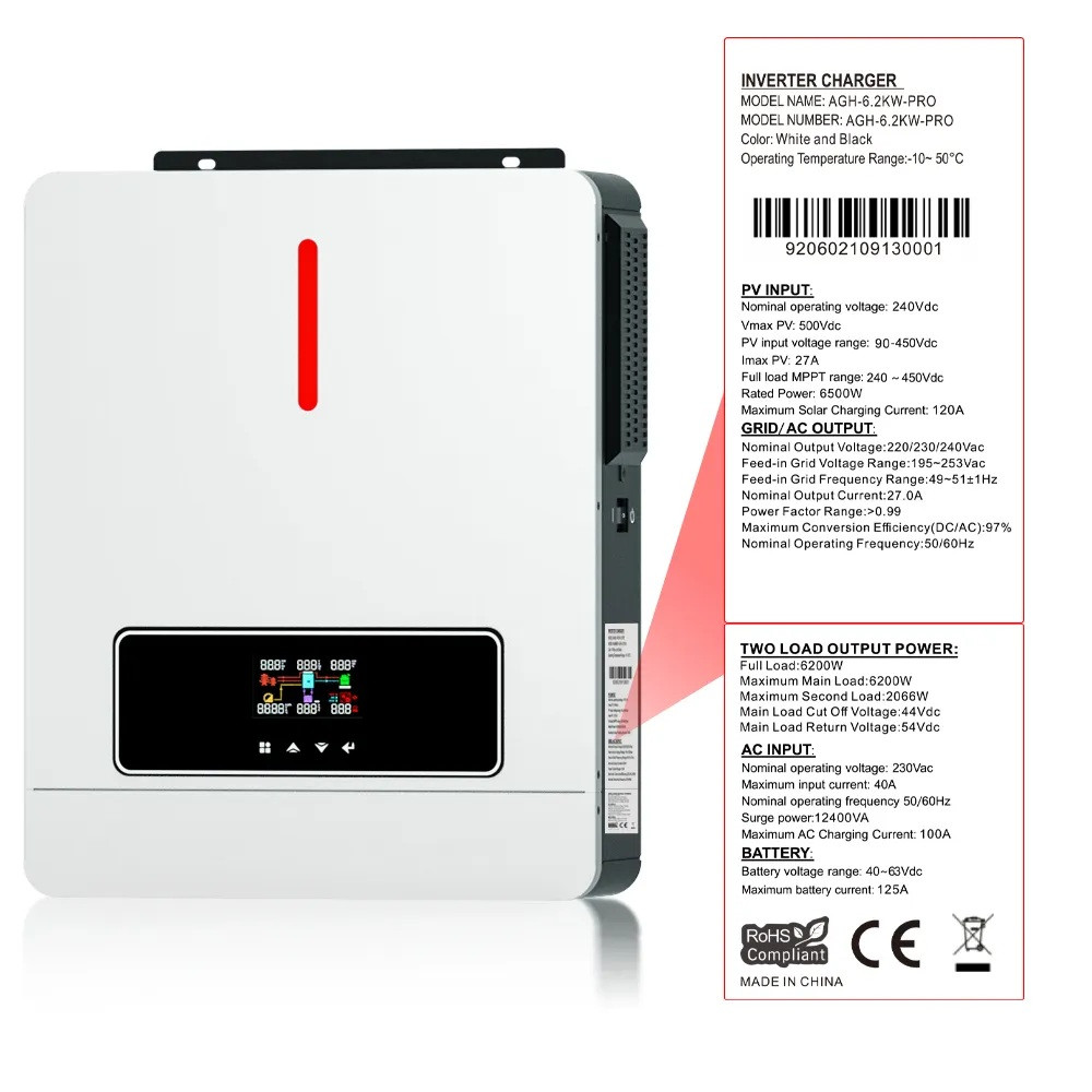 6,2 кВт Гібридний сонячний інвертор Daxtromn AGH-6.2KW-PRO для дому, квартири