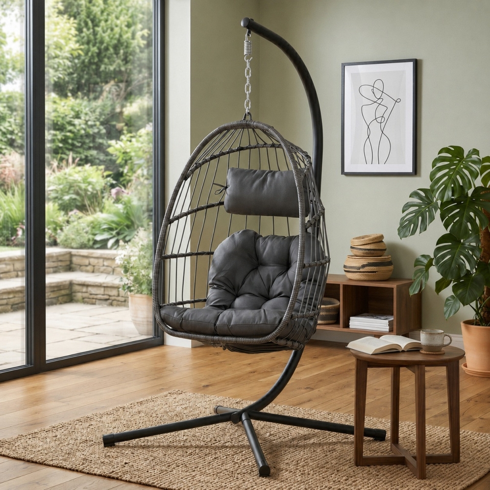 Підвісне крісло-кокон LEOBRO LB-1058 Dark Grey - до 150 кг, ротанг + сталевий каркас