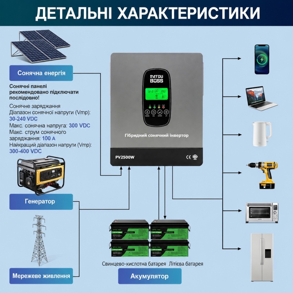 1,8 кВт Інвертор гібридний Datouboss 12 В, струм заряду 100 А, для АКБ