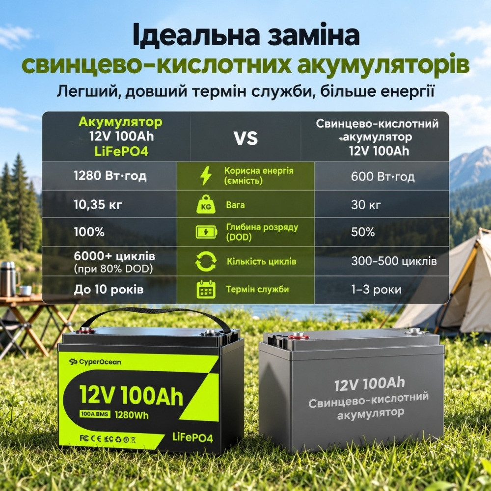 3,5 кВт LiFePO4 Комплект резервного живлення Інвертор Daxtromn + 2 акумулятора 12V 100Ah CyperOcean для квартири, будинку