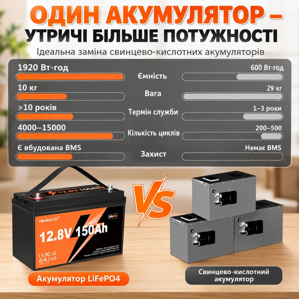 LiFePO4 12V 150Ah Акумулятор Yeagulch, BMS 100 А, для систем резервного живлення будинку