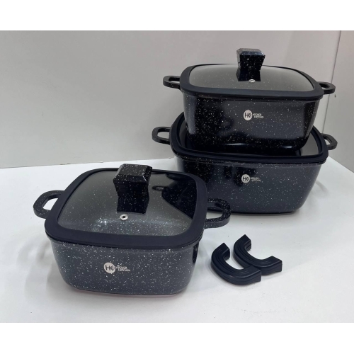 Набір квадратних каструль Higher Kitchen HK-323 Чорний із силіконовими кришками.