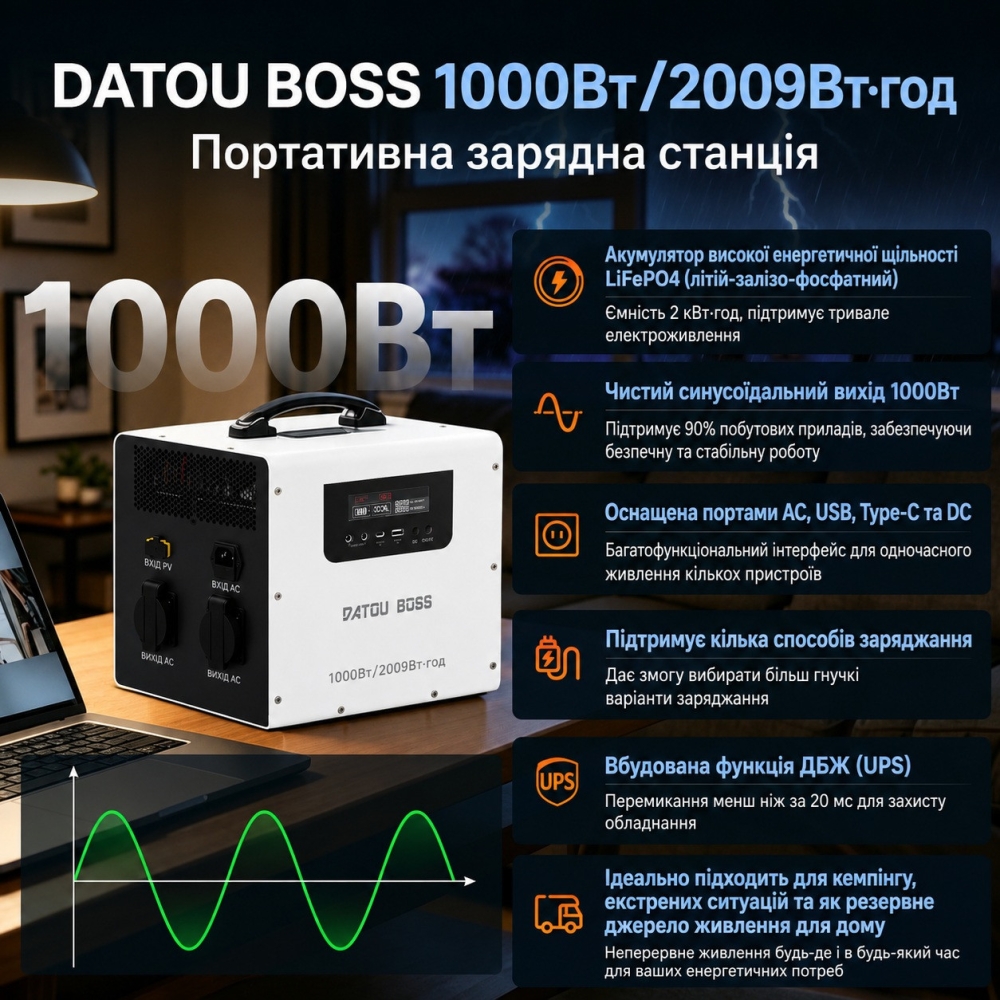 LiFePo4 2009 Вт*г Зарядна станція Datouboss портативна з низьким рівнем шуму