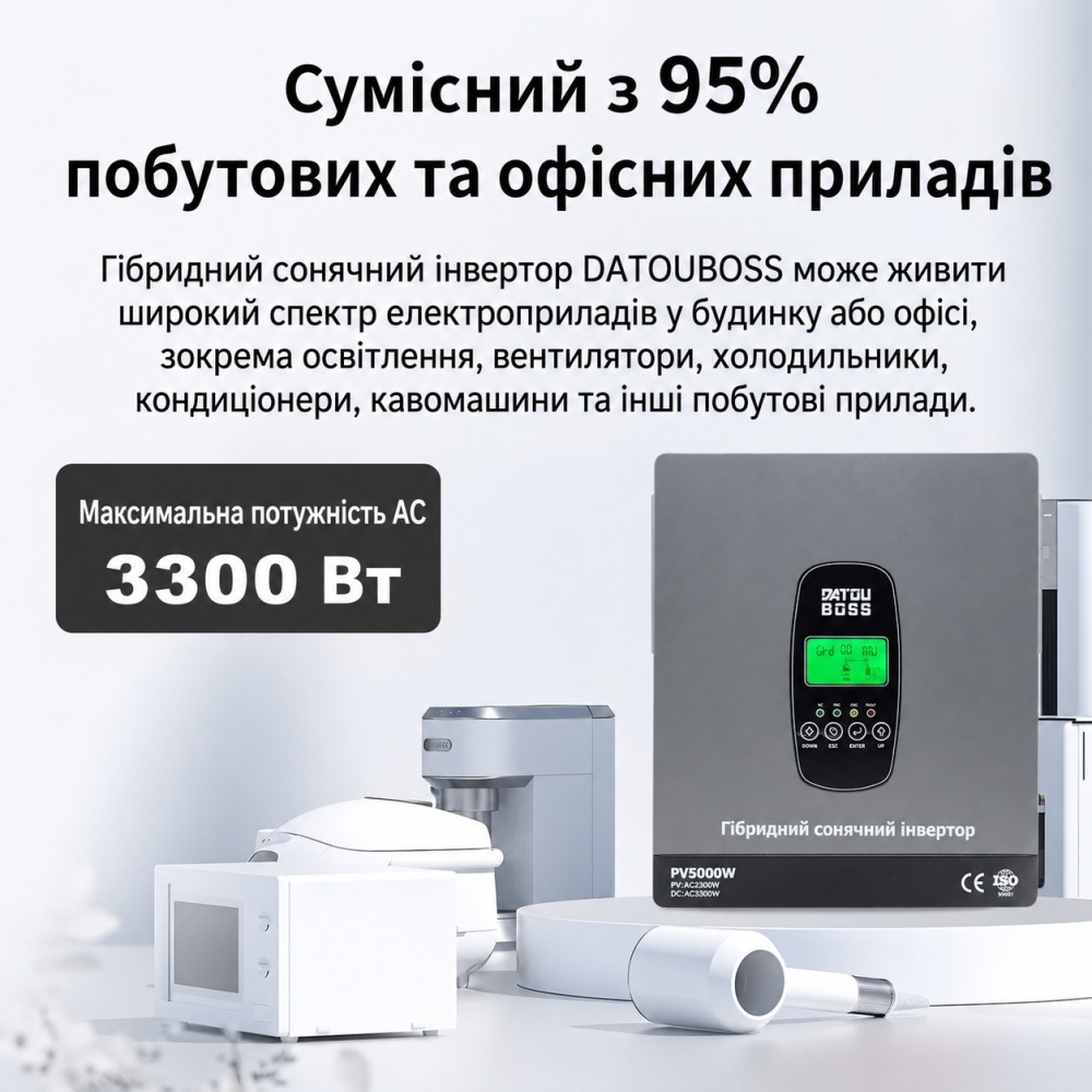 3,3 кВт Інвертор гібридний Datouboss 24 В, струм заряду 150 А, для АКБ