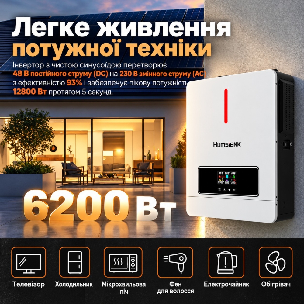 6,2 кВт*год Комплект інвертор Anenji з Wi-Fi + 51.2V/100Ah акумулятор SRNE настінний з LCD-дисплеєм та Wi-Fi та Bluetooth