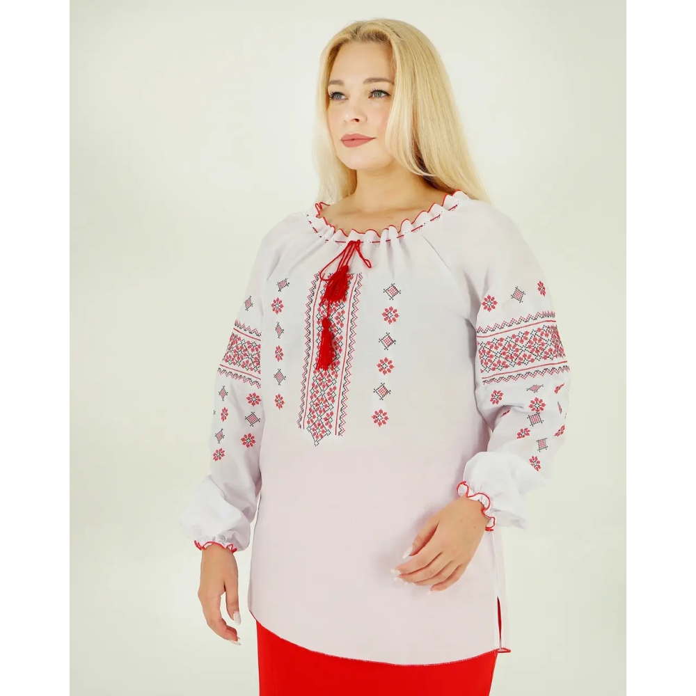 Вишиванка жіноча біла з червоним орнаментом Діана, ошатна блуза вишита хрестиком з довгим рукавом